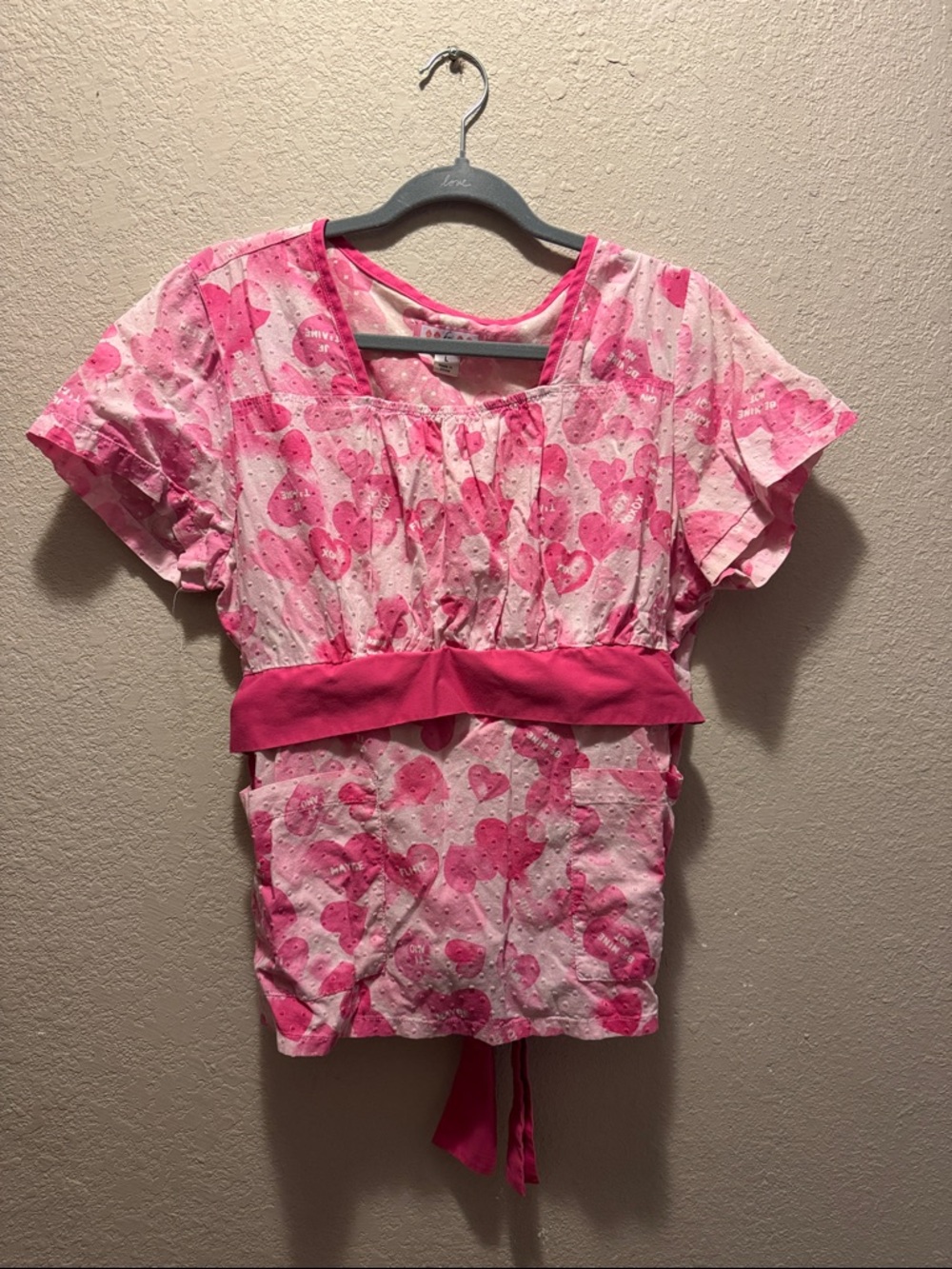koi Pink Heart-Print Short Sleeve Scrub Top with pink pants